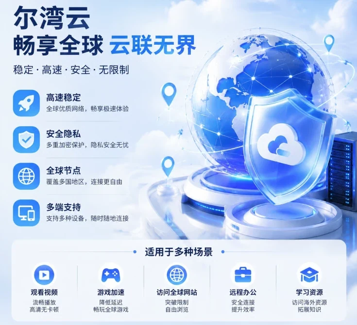 尔湾云 Erwan 机场品牌主视觉:以云朵与地球为意象的网络加速服务标识